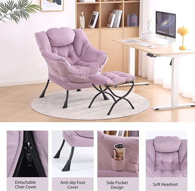 LITA Lazy Chair with Ottoman, Modern Accent Leisure Upholstered Sofa Chair, Contemporary Lounge Reading Chair with Armrests and a Side Pocket for Living Room, Bedroom & Small Space - LeafyLoom