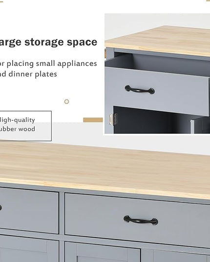 Kitchen Island with Storage, Rolling Table on Wheels w/ 4 Door Cabinet and 2 Drawers,Spice Rack, Towel Rack for Dinning Room - LeafyLoom