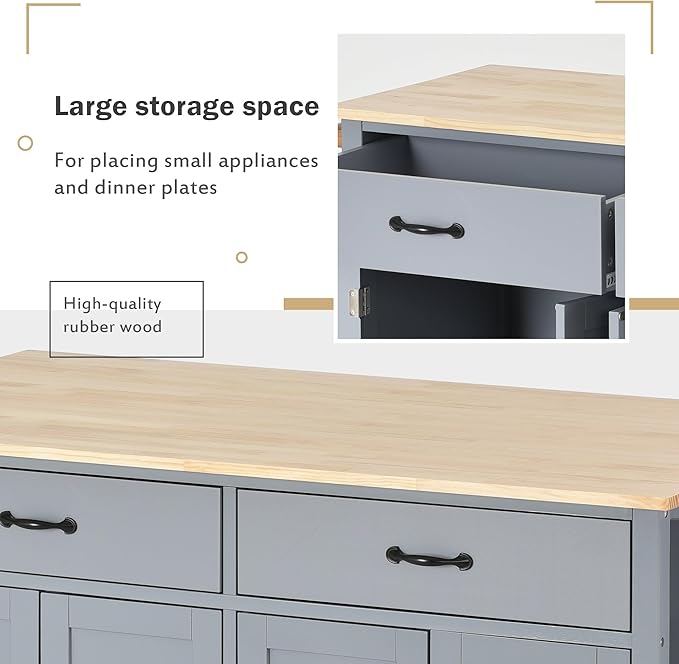 Kitchen Island with Storage, Rolling Table on Wheels w/ 4 Door Cabinet and 2 Drawers,Spice Rack, Towel Rack for Dinning Room - LeafyLoom