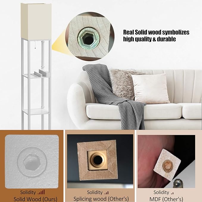 PAZZO Floor Lamp with Shelves, Shelf Floor Lamps by Real Solid Wood with 2 Charging Ports and 1 Power Outlet, Floor Lamps for Bedrooms, Lamps for Living Room,Bulb Included,White - LeafyLoom