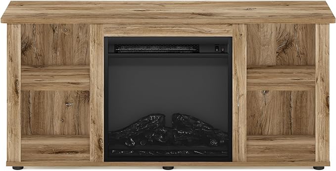 Furinno Jensen Entertainment Center Stand with Fireplace for TV up to 55 Inch, 55-Inch, Flagstaff Oak - LeafyLoom