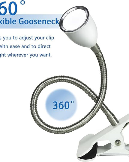 Desk lamp Eye-Caring Table Lamps, 360°Rotation Gooseneck Clip on Lamp Reading Light, Portable Reading Book Light, Clamp Light, Study Desk Lamps for Bedroom and Office Home Lighting (White-C01) - LeafyLoom