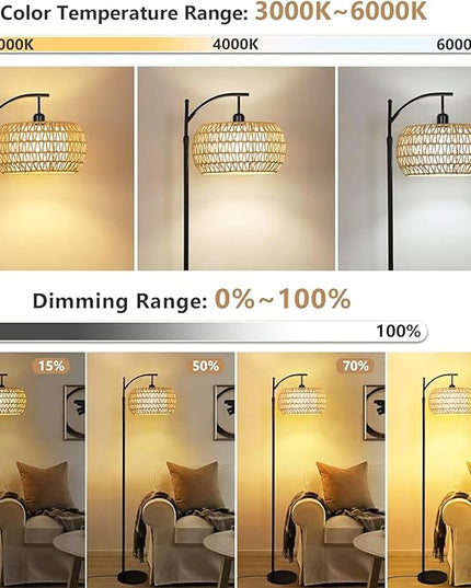 Floor Lamp for Living Room Bedroom Boho Rattan&Fabric Arc Standing Lamp with Remote Dimmable Black Farmhouse Wicker Bamboo Lamp Shade Floor Light Tall Lamp Industrial Floor Lamps Bohemian Decor - LeafyLoom