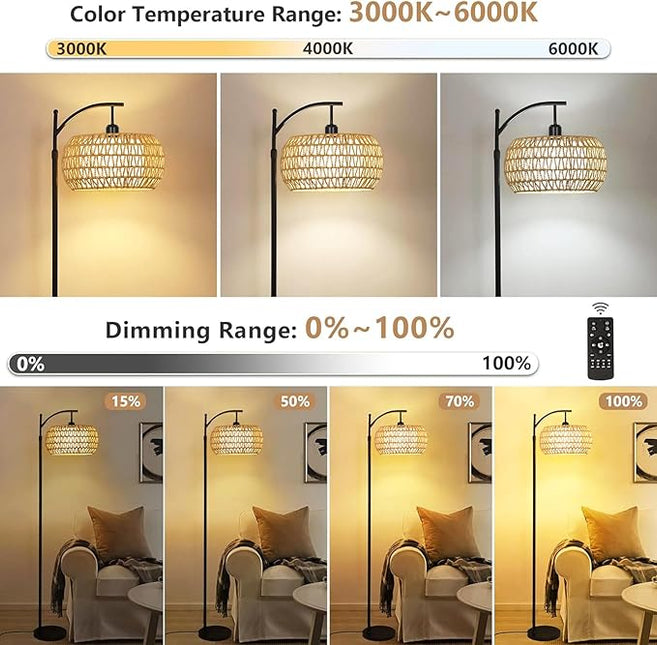 Floor Lamp for Living Room Bedroom Boho Rattan&Fabric Arc Standing Lamp with Remote Dimmable Black Farmhouse Wicker Bamboo Lamp Shade Floor Light Tall Lamp Industrial Floor Lamps Bohemian Decor - LeafyLoom