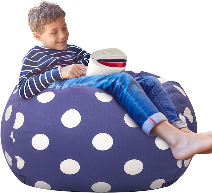 Aubliss Stuffed Animal Storage Bean Bag Chair Cover (No Beans), Stuff and Sit Storage Bean Bag for Kids Toy Storage, X-Large 48"-Canvas Dot Navy - LeafyLoom