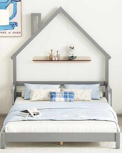 Bellemave Full Size Bed Frame for Kids,Low Platform Bed with House-Shaped Headboard and Handrails,Full Bed for Girls,No Box Spring Needed(Grey) - LeafyLoom
