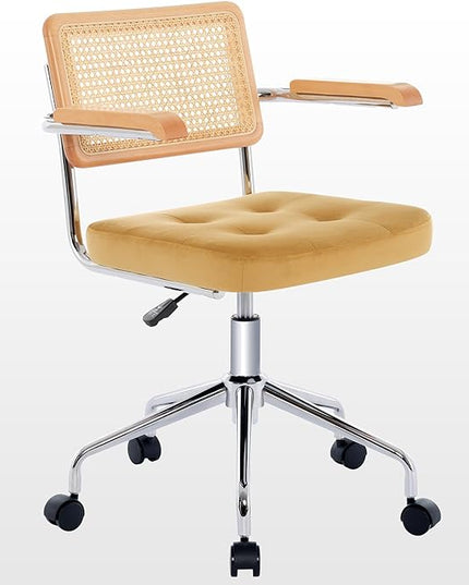 Zesthouse Modern Home Office Chair Velvet Desk Chair with Natural Rattan Back, Vanity Chair for Girls Women, Upholstered Tufted Swivel Armchair, Height Adjustable Computer Task Chair, Yellow - LeafyLoom