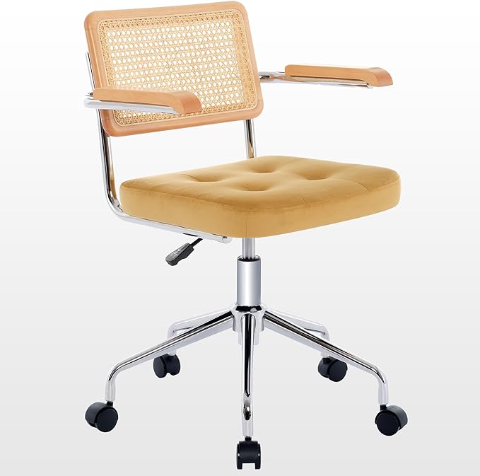 Zesthouse Modern Home Office Chair Velvet Desk Chair with Natural Rattan Back, Vanity Chair for Girls Women, Upholstered Tufted Swivel Armchair, Height Adjustable Computer Task Chair, Yellow - LeafyLoom
