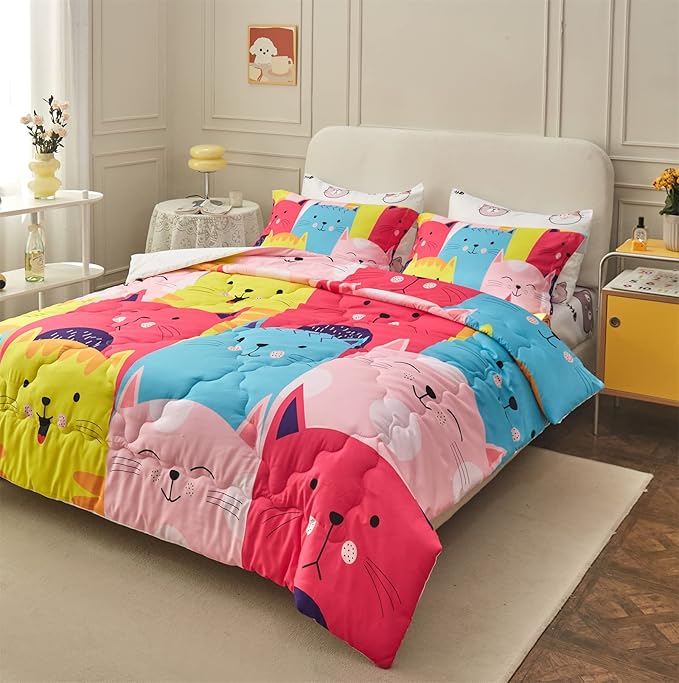 Wajade Kids Cute Cats Comforter Set Bed in A Bag Twin Size 7 Piece Colorful Cartoon Pet Cats Bedding Set for Boys Girls (1 Comforter, 1 Flat Sheet, 1 Fitted Sheet, 2 Pillowcase and 2 Pillow Sham) - LeafyLoom