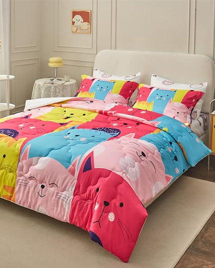 Wajade Kids Cute Cats Comforter Set Bed in A Bag Full Size 7 Piece Colorful Cartoon Pet Cats Bedding Set for Boys Girls (1 Comforter, 1 Flat Sheet, 1 Fitted Sheet, 2 Pillowcase and 2 Pillow Sham) - LeafyLoom