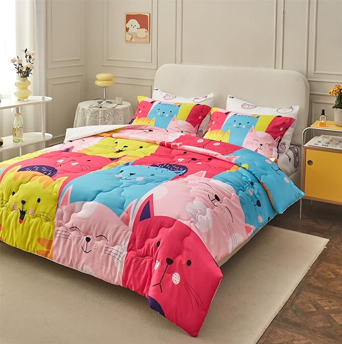 Wajade Kids Cute Cats Comforter Set Bed in A Bag Full Size 7 Piece Colorful Cartoon Pet Cats Bedding Set for Boys Girls (1 Comforter, 1 Flat Sheet, 1 Fitted Sheet, 2 Pillowcase and 2 Pillow Sham) - LeafyLoom