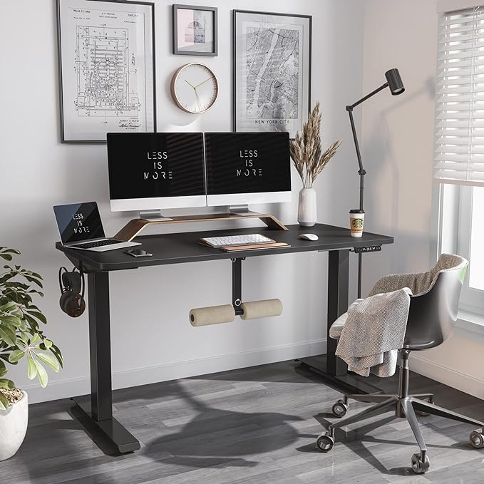 FAMISKY 55 Inch Height Adjustable Standing Desk with Foot Rest, Sit Stand Home Office Desk with Hooks, Ergonomic Workstation Black Steel Frame/Black Wood Top - LeafyLoom