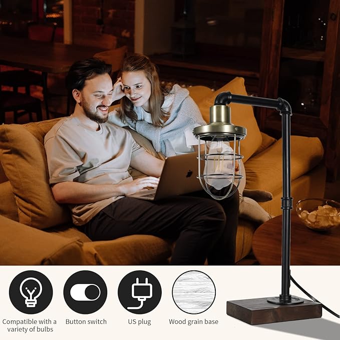 CONCA steampunk table lamp, industrial table lamp,E26 Base Rustic Edison Lighting, cage shade table lamp (B-Black+Bronze) - LeafyLoom