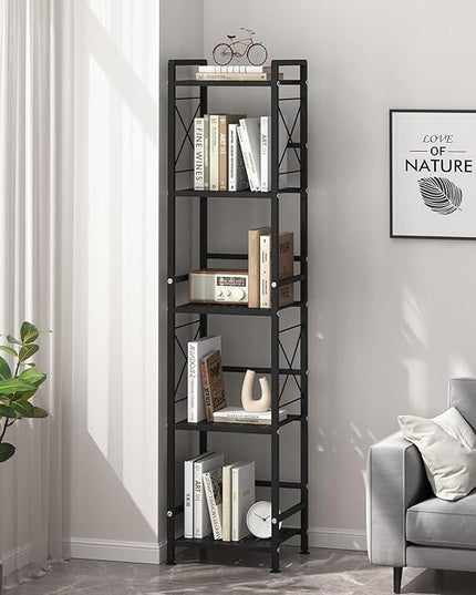 JSB 5 Tier Metal Bookshelf Bathroom Storage Standing Shelf Unit Kitchen Storage Organizer Display Rack Bookcases Shelves for Living Room, Bedroom, Office (Black, 5 Tier) - LeafyLoom
