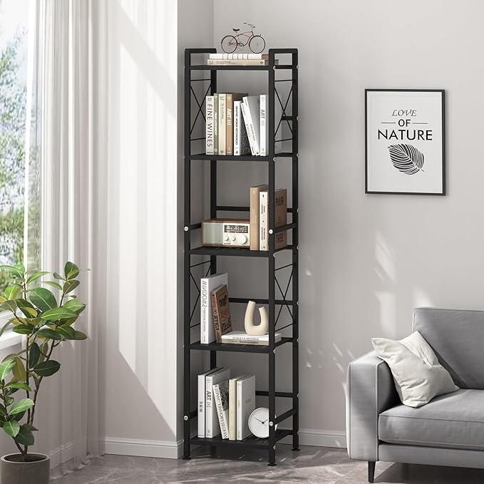 JSB 5 Tier Metal Bookshelf Bathroom Storage Standing Shelf Unit Kitchen Storage Organizer Display Rack Bookcases Shelves for Living Room, Bedroom, Office (Black, 5 Tier) - LeafyLoom