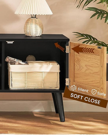 Iwell Rattan TV Stand for 70 inch TV, Entertainment Center with Adjustable Shelf & 2 Cabinets, TV Stands for Living Room, Bedroom, Natural + Black - LeafyLoom