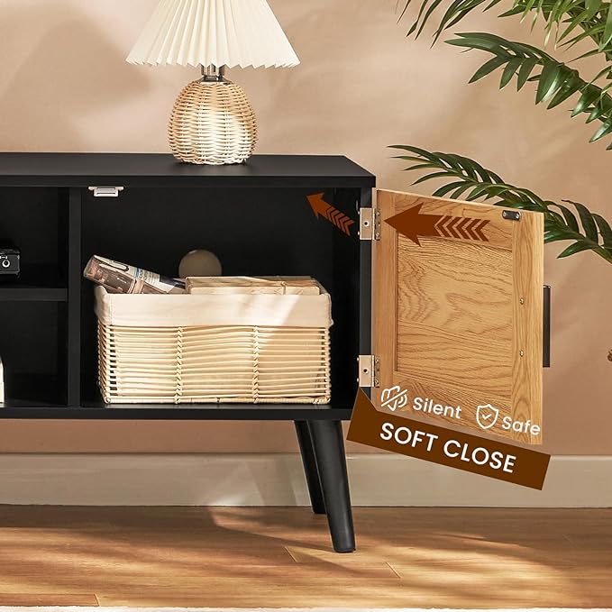 Iwell Rattan TV Stand for 70 inch TV, Entertainment Center with Adjustable Shelf & 2 Cabinets, TV Stands for Living Room, Bedroom, Natural + Black - LeafyLoom
