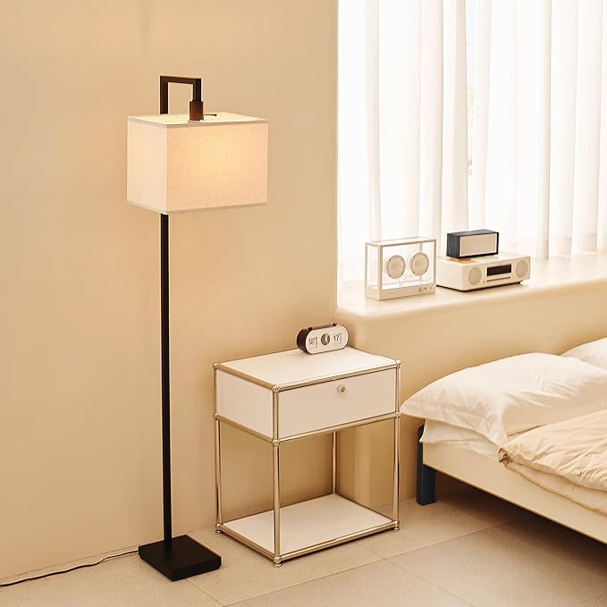 Globe Electric 61000052 60" Floor Lamp, Matte Black, Square White Fabric Shade, On/Off Rotary Switch on Socket, Square Rod, Reading Lamp, Home Office Accessories, Home Décor, Home Improvement - LeafyLoom