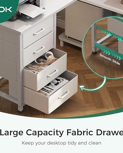 AODK L Shaped Desk with 4 Tier Drawers, 61" Reversible Gaming Desk with Power Outlets, L Shaped Computer Desk with USB Charging Port and Host Stand, Home Office Corner Desk, Easy to Assemble, White - LeafyLoom