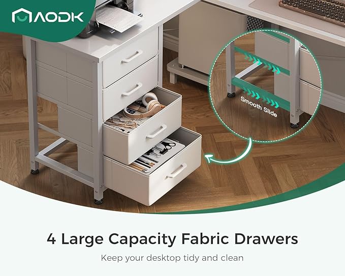 AODK L Shaped Desk with 4 Tier Drawers, 61" Reversible Gaming Desk with Power Outlets, L Shaped Computer Desk with USB Charging Port and Host Stand, Home Office Corner Desk, Easy to Assemble, White - LeafyLoom