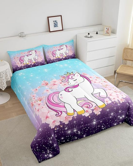 Unicorn Comforter Set King, Kids Unicorn Floral Bedding for Girls Boys Children Bedroom Decor, Cherry Blossoms Glitter Down Comforter Galaxy Kawaii Quilt Set with 1 Pillowcase, Blue Purple Ombre - LeafyLoom