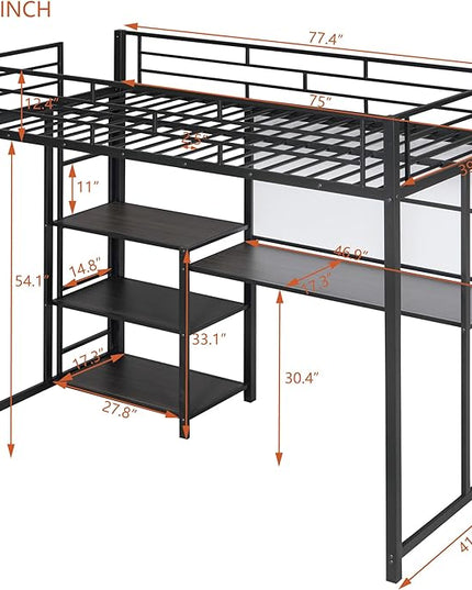 RITSU Twin Size Loft Bed, Heavy Duty Metal Bedframe with Desk and Whiteboard, 3 Big Shelves The Storage Space, Sturdy Construction, for Children's Room, Teens, Black - LeafyLoom