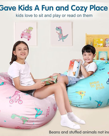 Lukeight Stuffed Animal Storage Bean Bag Chair Cover for Kids, Dinosaur Zipper Beanbag Chair Cover for Organizing Toddler & Kids' Rooms Plush Toys (Dino Pink, X-Large) - LeafyLoom