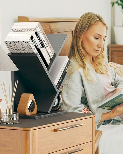 YMYNY 2 Tier Tree Bookshelf, Small Bookcase, Modern Wood Book Storage Rack Organizer, Freestanding Book shelf for Books/Movies/CDs, Display Rack for Bedroom, Home Office, Black UHBC012B - LeafyLoom