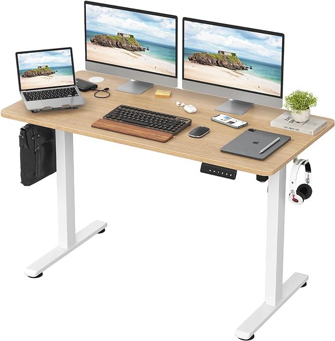 STARY Electric Memory Preset 48 x 24 Inches Adjustable Height Computer Workstation Sit Stand Home Office Desk with Splice Board, 4824, Castin Oak Desktop/White Frame - LeafyLoom