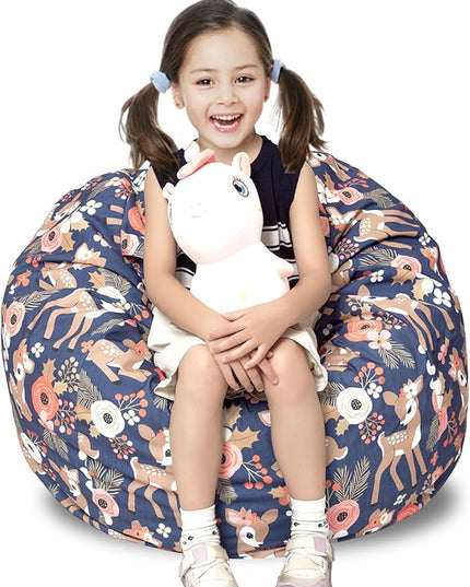 Stuffed Animal Storage Bean Bag Chair Cover, Hold Kids Plush Toys Blankets Towels Beanbag (Cover Only), Canvas Floor Circle Stuff Sit Seat Sofa with YKK Zipper, Large 32", Fawn - LeafyLoom
