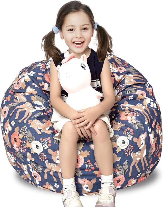 Stuffed Animal Storage Bean Bag Chair Cover, Hold Kids Plush Toys Blankets Towels Beanbag (Cover Only), Canvas Floor Circle Stuff Sit Seat Sofa with YKK Zipper, Large 32", Fawn - LeafyLoom