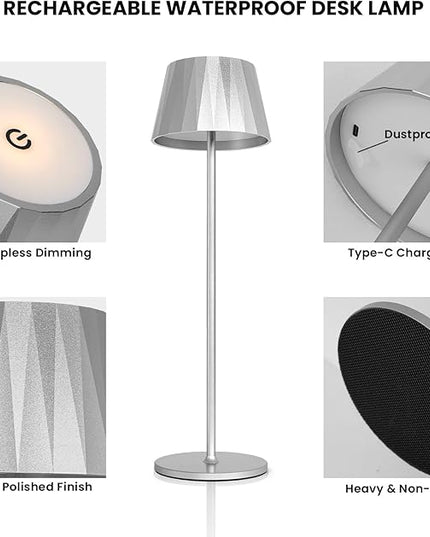 Modern LED Cordless Waterproof Table Lamp,5200mAh Touch Dimmable Desk Lamp,Rechargeable Battery Powered Night Light for Indoor/Outdoor Dining (Silver, 3000K, Warm White) - LeafyLoom