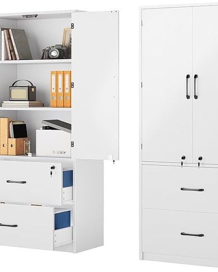 YITAHOME Wood File Cabinets, Heavy Duty Garage Tool Cabinets with Doors & Adjustable Shelves, Big Storage Filing Lockers for Home Office, Living Room, Pantry, Gym, Basement, Warehouse, White - LeafyLoom