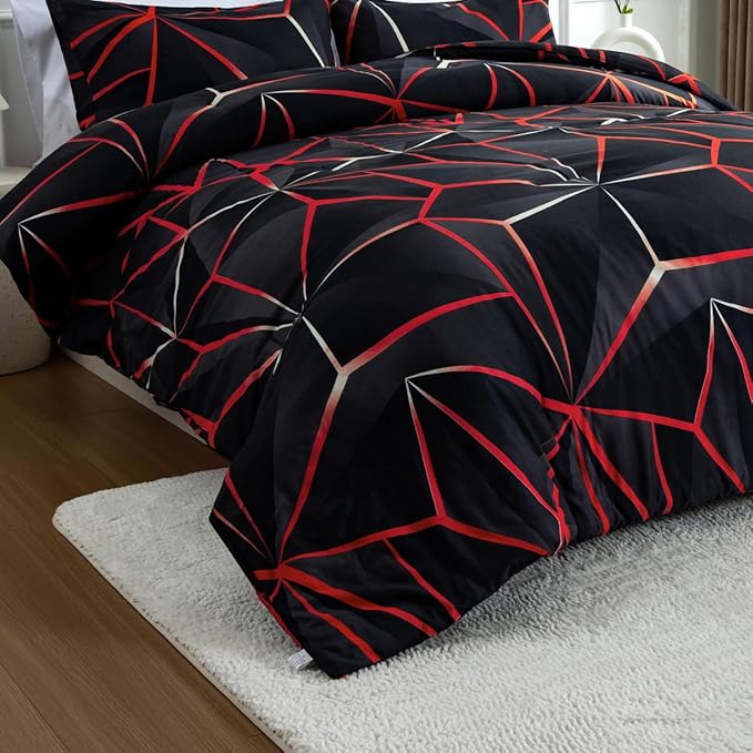 NTBED 3D Geometric Comforter Set for Boys Girls Kids, Irregular Diamond Pattern Lightweight Microfiber Bedding Sets All Season (Red, Twin) - LeafyLoom