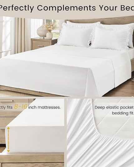 California King Bed in a Bag 7 Pieces Cal King Comforter Set, Ruffle Shabby Chic Bedding Comforter Set White Bed Set with Comforter, Pillowcases, Flat Sheet, Fitted Sheet and Pillow Shams - LeafyLoom