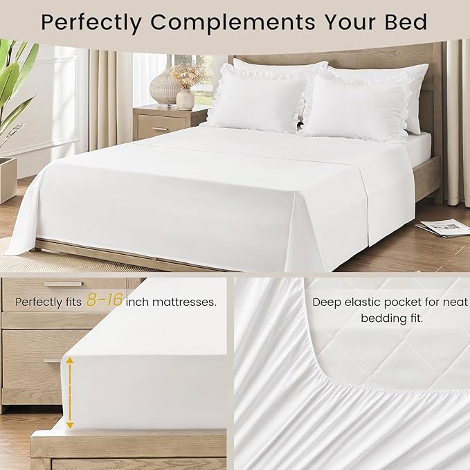 King Size Bed in a Bag 7 Pieces King Size Comforter Set, Ruffle Shabby Chic Bedding Comforter Set White Bed Set with Comforter, Pillowcases, Flat Sheet, Fitted Sheet and Pillow Shams - LeafyLoom