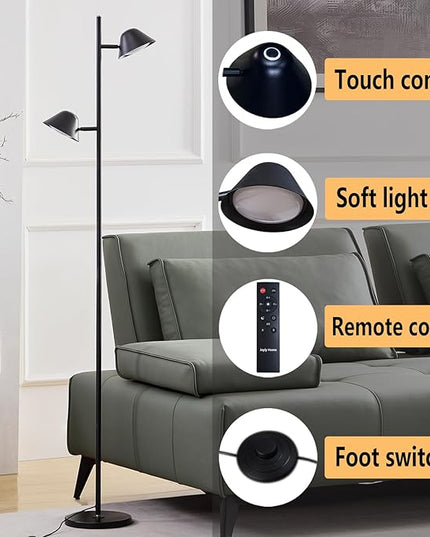 Modern LED Floor Lamp 20W, 2 Rotatable LED Light with Remote, Adjustable Color Temperature and Dimmable Features, Standing Lamp with Timing for Living Room, Bedroom, Office Black - LeafyLoom