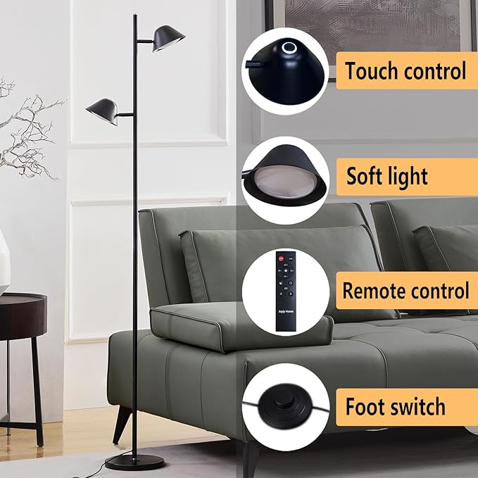 Modern LED Floor Lamp 20W, 2 Rotatable LED Light with Remote, Adjustable Color Temperature and Dimmable Features, Standing Lamp with Timing for Living Room, Bedroom, Office Black - LeafyLoom
