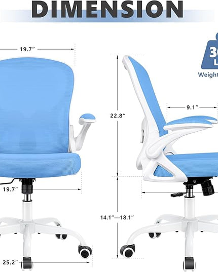 Office Chair Desk Chair, Ergonomic Mesh Computer Chair Home Office Desk Chairs, Swivel Task Chair Mid Back Breathable Rolling Chair with Adjustable Lumbar Support Flip Up Armrest (Sky Blue) - LeafyLoom