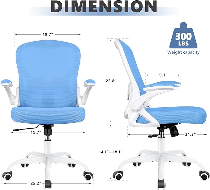 Office Chair Desk Chair, Ergonomic Mesh Computer Chair Home Office Desk Chairs, Swivel Task Chair Mid Back Breathable Rolling Chair with Adjustable Lumbar Support Flip Up Armrest (Sky Blue) - LeafyLoom