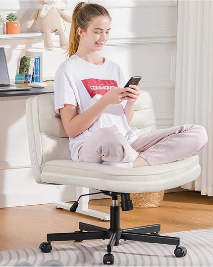 COMHOMA Criss Cross Chair with Wheels, Armless Wide Cross Legged Office Chair Mid Back, Modern Home Office Desk Chair Swivel Adjustable Vanity Computer Chair, Beige Velvet - LeafyLoom