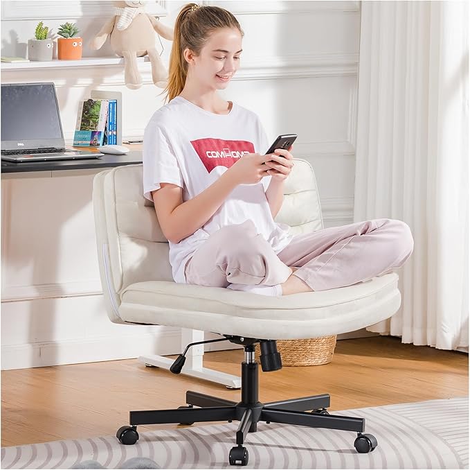 COMHOMA Criss Cross Chair with Wheels, Armless Wide Cross Legged Office Chair Mid Back, Modern Home Office Desk Chair Swivel Adjustable Vanity Computer Chair, Beige Velvet - LeafyLoom
