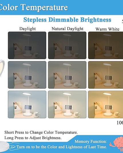 GOLSPARK Battery Operated Desk Lamp LED Rechargeable 4500mAh White LED Desk Lamps Dimmable, Touch Control 360°Flexible Dorm Reading Lamp for Students-3 Color Modes with Pen Holder Phone Stand - LeafyLoom