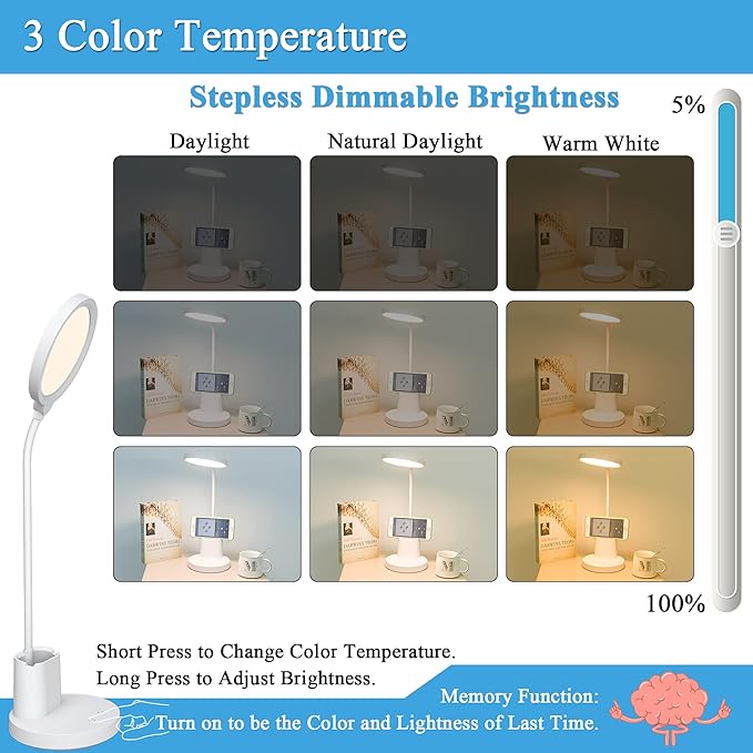 GOLSPARK Battery Operated Desk Lamp LED Rechargeable 4500mAh White LED Desk Lamps Dimmable, Touch Control 360°Flexible Dorm Reading Lamp for Students-3 Color Modes with Pen Holder Phone Stand - LeafyLoom