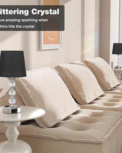 Acaxin Bedside Table Lamps for Bedrooms Set of 2 Nightstand- Crystal Table Lamps with USB C+A Ports & AC Outlet for Charging, 3 Way Dimmable Touch Silver Small Bed Side Table Lamp for Guest Room - LeafyLoom