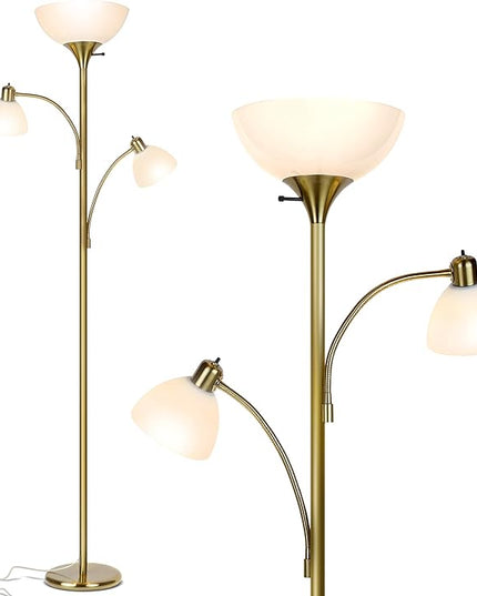 Brightech Sky Dome Double LED Floor lamp, Torchiere Super Bright Floor Lamp with 2 Reading Lamps for Living Rooms & Offices - Dimmable Tall Standing Lamp for Bedroom Reading - Tall Brass Pole - LeafyLoom
