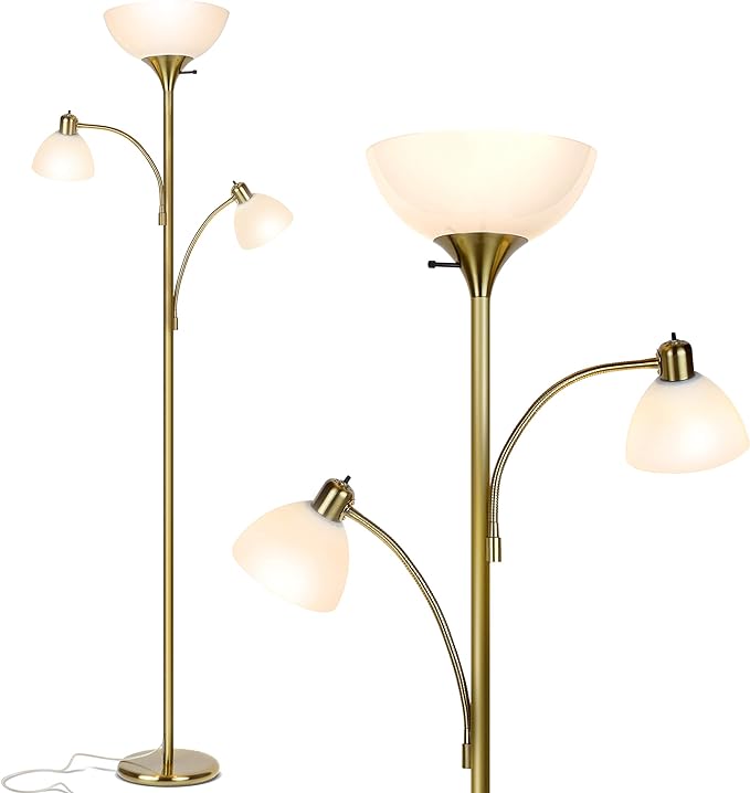 Brightech Sky Dome Double LED Floor lamp, Torchiere Super Bright Floor Lamp with 2 Reading Lamps for Living Rooms & Offices - Dimmable Tall Standing Lamp for Bedroom Reading - Tall Brass Pole - LeafyLoom