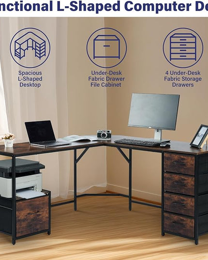 TOPSKY L-Shaped Desk Corner Computer Desk with 18.9" Depth Workstation, Cloth File Cabinet for Letter Size File Folder and 4 Cloth Storage Cabinets (Bamboo, 59 * 59 inch) - LeafyLoom