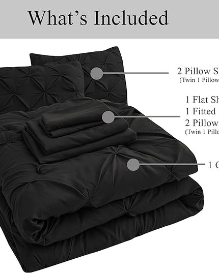 LANE LINEN California King Comforter Set, 7 Piece Cal King Bed in a Bag, Pintuck Cal King Bedding Set, Soft Cali King Bed Set, Cal King Bedding Comforter Sets with Sheets, Pillowcases & Shams - Black - LeafyLoom
