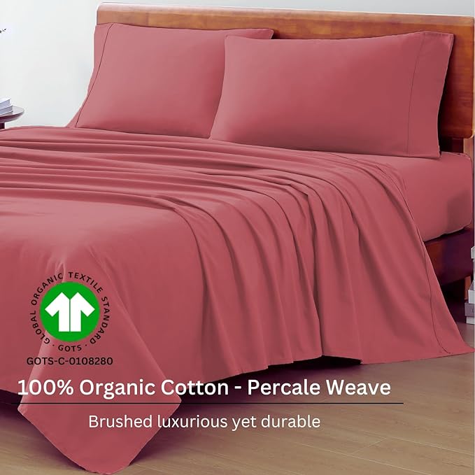 LANE LINEN 100% Organic Cotton Twin Bed Sheet Set, 3 Pc Twin Size Sheets Set, Soft & Breathable Twin Sheet Set Boys, Hotel Style Bedding Sheets & Pillowcases, 15" Deep Twin Fitted Sheet - Mineral Red - LeafyLoom